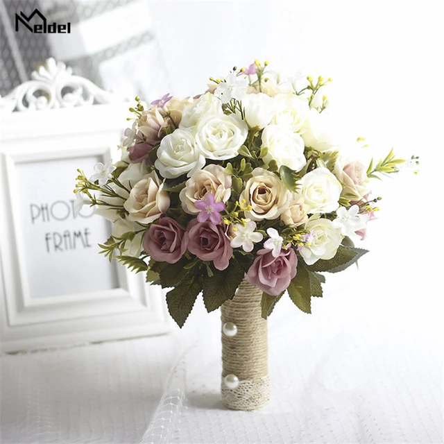 Meldel Nuovo Viola Bianco Bouquet Da Sposa Fatto A Mano Fiore Artificiale Fiore di Rosa Buque Casamento Bouquet Da Sposa per la Cerimonia Nuziale Decorazioni 2
