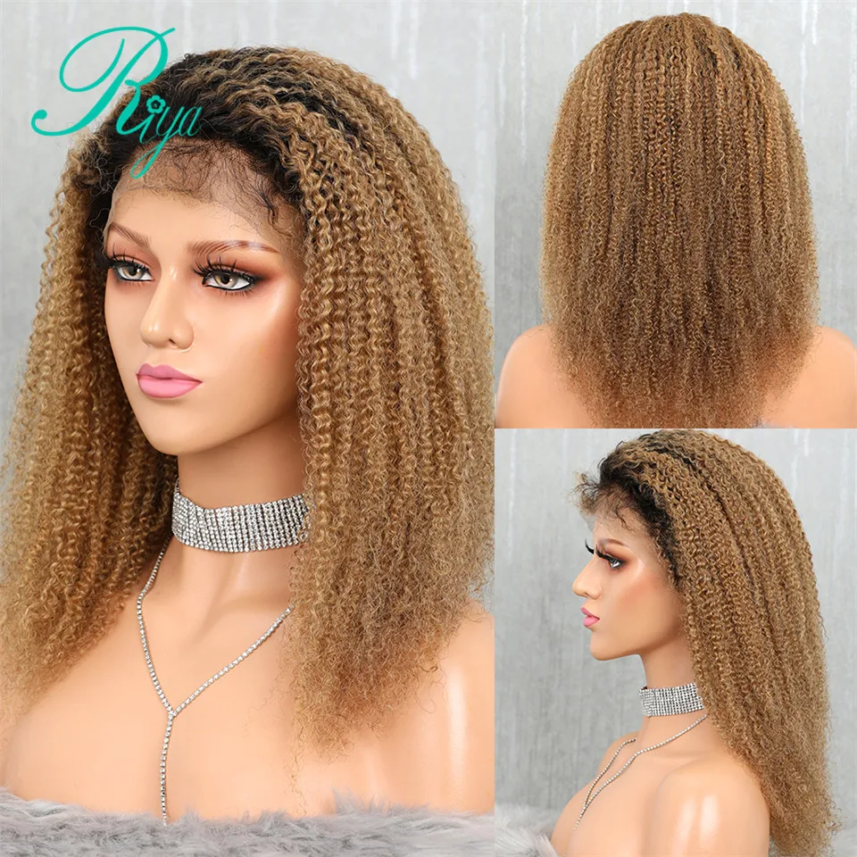 

Afro Kinky Curly Invisible 1B27 Honey Blonde Ombre Color Lace Front Human Hair Wigs Preplucked Closure Lace Wig Indian Remy Hair