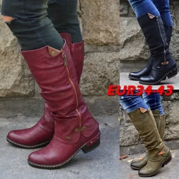 

New 2020 Winter Women Warm Boots Shoes Slip on Zipper Pointed Toe Booties Leather Shoes Low Heel Mid Calf Boots Women