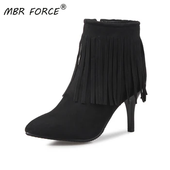 

MBR FORCE New Arrival Fashion Shoes Women tassel Zipper Patent Leather Ankle Boots Pointed Heels Boots Female Sexy Party Shoes