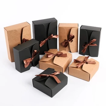 

20pcs/lot Brown Kraft Cardboard Boxes Gift Packaging Paper Box With Ribbon 4 Sizes 2 Color