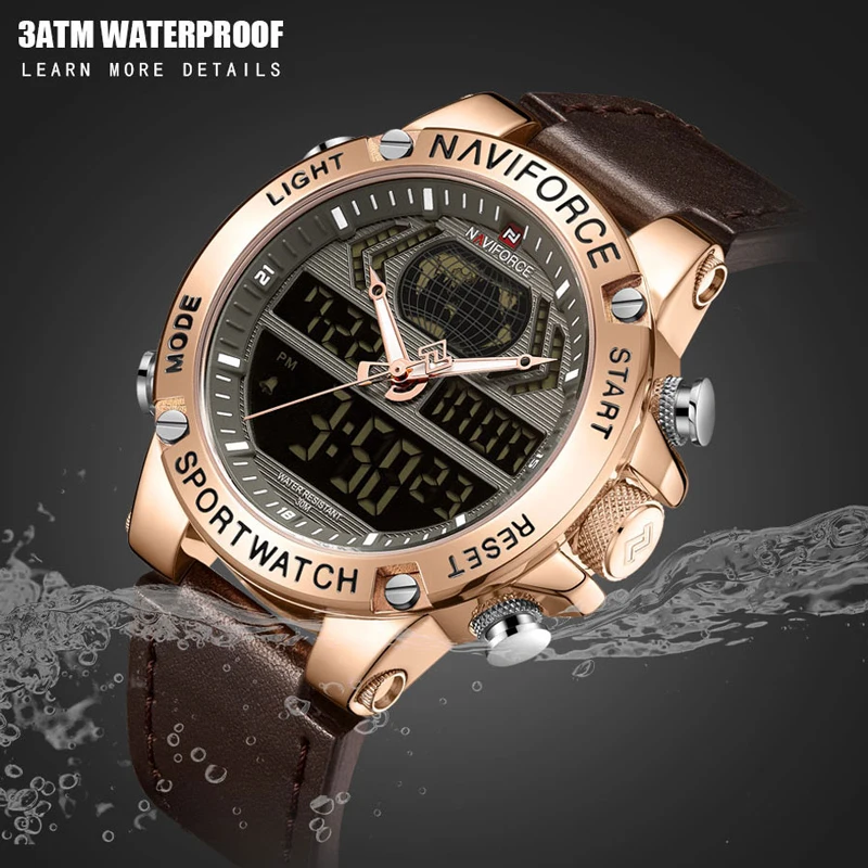 Топ бренд NAVIFORCE двойной дисплей мужские часы модные кожаные аналоговые цифровые
