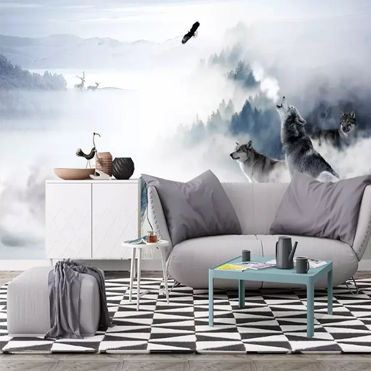 

Customizable Fog Forest Scandinavian Minimalist Wolves Background Living Room Bedroom TV Background Wallpaper Mural Wall Cloth