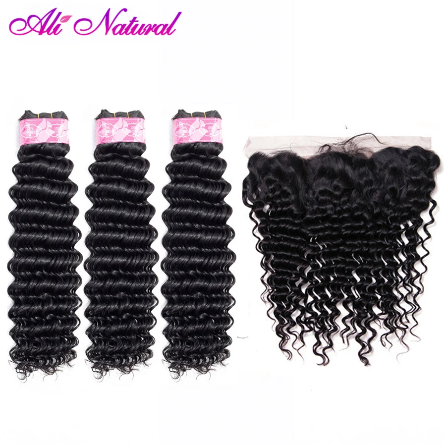 

Brazilian Deep Wave Hair Bundles With Lace Frontal Natural Black 100% Human Hair 3 Bundles Remy Hair Weaves