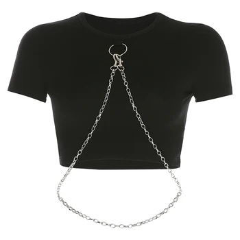 

Hip Hop Costumes Lady Fashion Iron Chain Black Short Sleeve Top Jazz Clothing Street Dance Outfit Modern Performance Wear DT1861