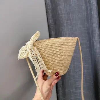 

Bags For Women 2020 Small Bucket Shoulder Bag Handmade Woven Summer Beach Crossbody Rattan Straw Bag Girls Lace Knot Purse