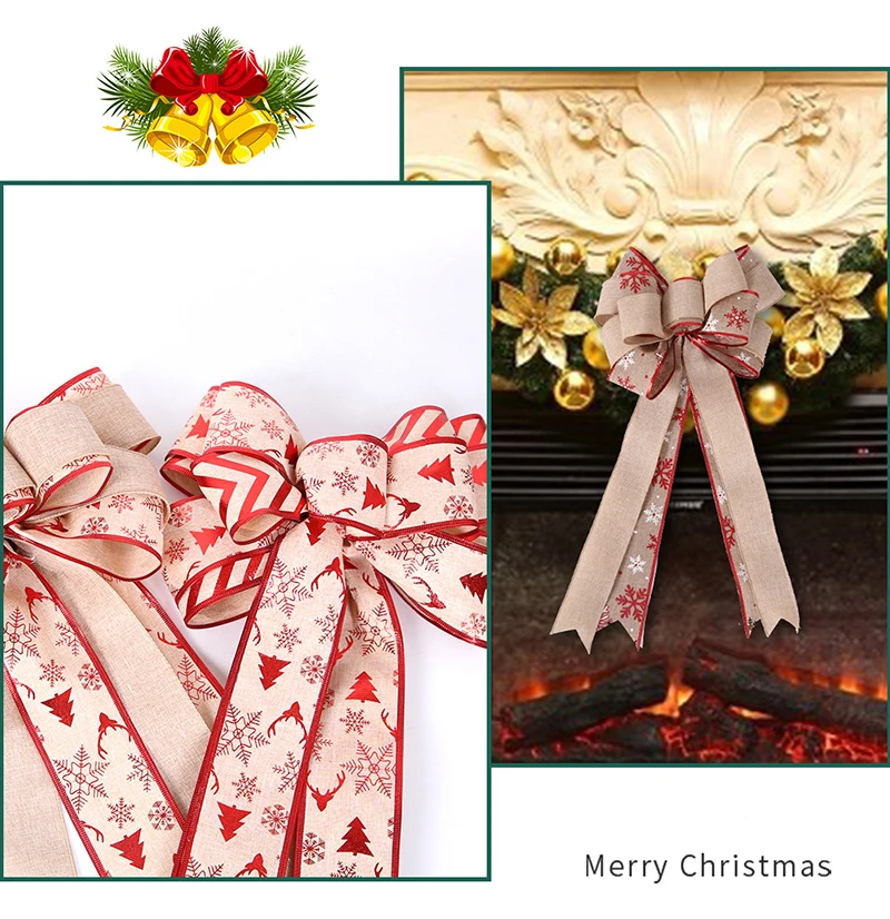 Description Picture 3 of item46*28cm Double Layer Linen Bow Christmas Bow-knot Christmas Tree Decorations Maple Leaf Striped Snowflake Khaki Bow Decor