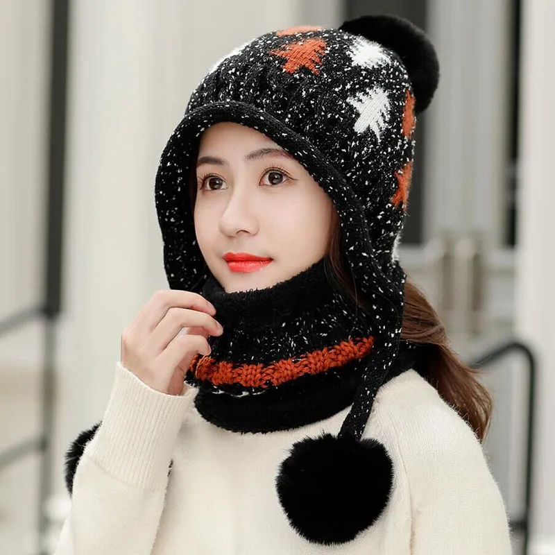BINGYUNAHAOXUAN Новая зимняя женская вязаная шапка шарф женская теплая шапка шарф Набор модный шерстяной утолщенный головной убор комплект повседневные зимние шапки - Цвет: Hat scarf black