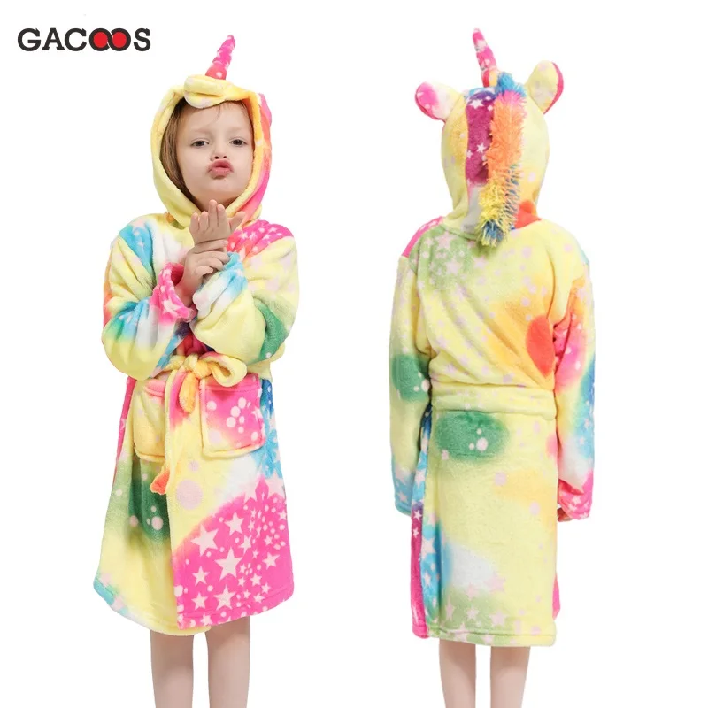 Kids Unicorn Bath Robes Winter Children's Bathrobe Kigurumi Animal Flannel Sleepwear For Big Boys Girls Pyjamas Nightgown - Color: colorful star