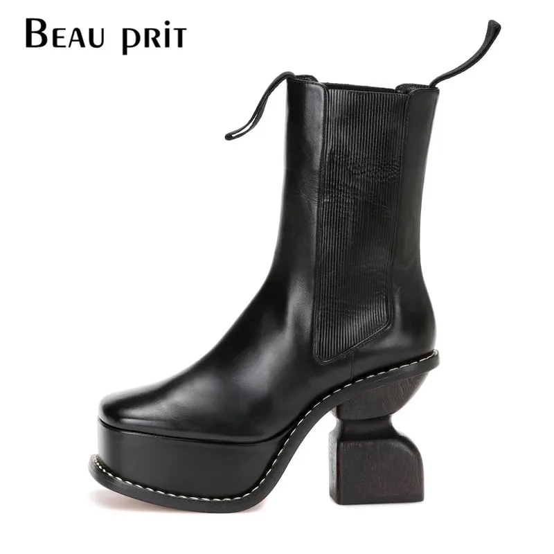 Platform Leather Boots Women Strange High Heels Shoes Square Toe Thick Bottom Ankle Boots For Women Short Booties