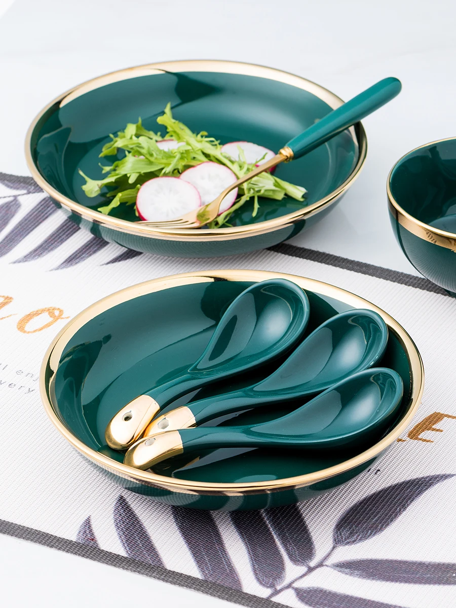 Emerald Green Ceramic Gold Inlay Western Food Steak Pasta Fish Plate Salad  Soup Rice Bowl Seasoning Dish Porcelain Tableware Set - Bowls - AliExpress