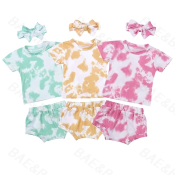 

Toddler Baby Girls Summer Clothes Sets Newborn Infant Girls Tie Dye Short Sleeve T-shirts+Shorts+Headband 3pcs Infant Clothing