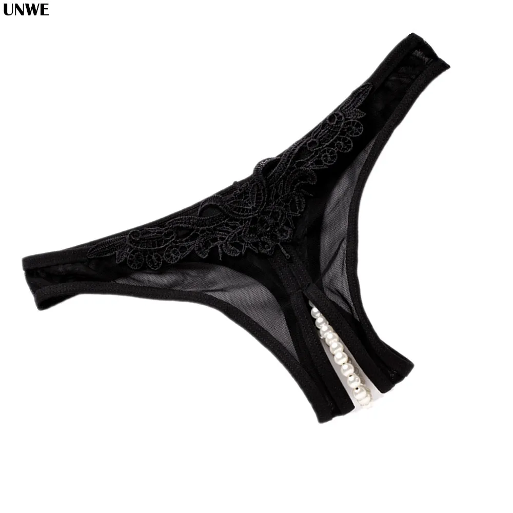 Erotic Crotch Open G String Thong Lingerie Women Sexy Crotchless Panties Bowknot Pearls Lace Underwear Home Wear