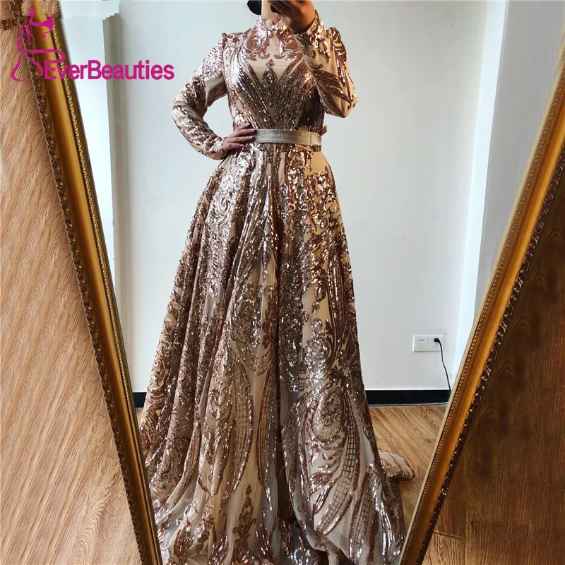 

Muslim Full Cover Evening Dresses 2020 Wine Red Sparkle Long Sleeve Sequined Luxury Evening Gowns Robe De Soiree