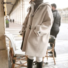 Luzuzi роговой пряжкой шерстяное пальто для женщин осень и зима Свободное длинное шерстяное пальто с капюшоном женские зимние шерстяные теплые утепленные куртки