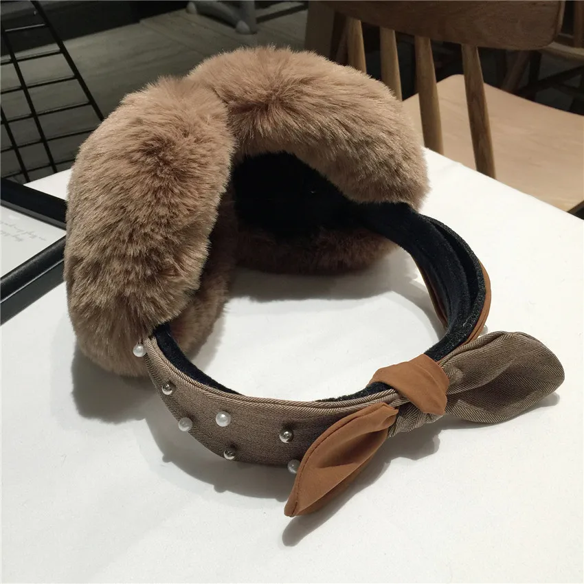 Жемчужные зимние наушники, имитация кролика, женские меховые наушники, Зимние теплые наушники, большие плюшевые теплые наушники, Ушная посылка, бренд