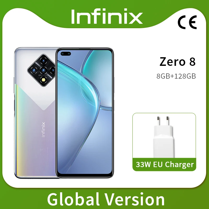 Infinix-smartphone Zero 8, versión Global, 8GB, 128GB, Pantalla Completa FHD de 6,85 pulgadas, 90Hz, cámara cuádruple de 64MP, batería de 4500mAh, cargador de 33W