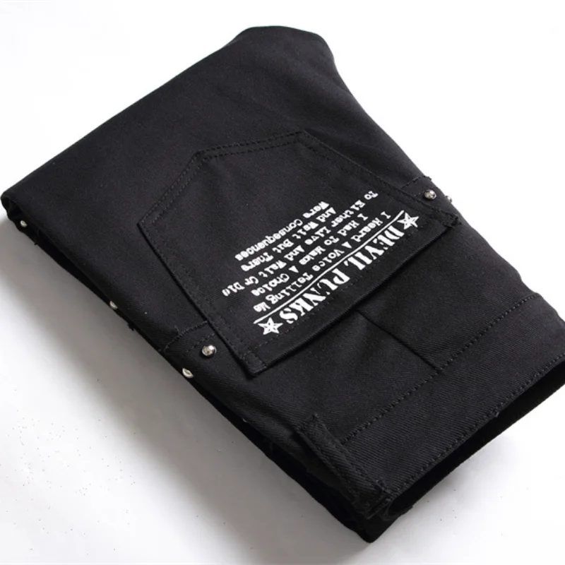 2025 Korean Fashion Red Plaid Patchwork Punk Rivet Men Slim Jeans Trousers Skull Letters Print Hip Hop Chain Denim Pants Spodnie