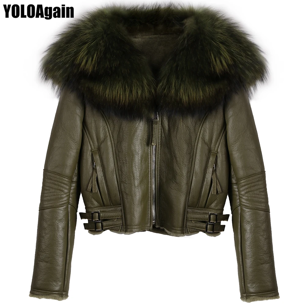 

YOLOAgain winter warm ladies fox fur collar shearling jacket women genuine leather jacket