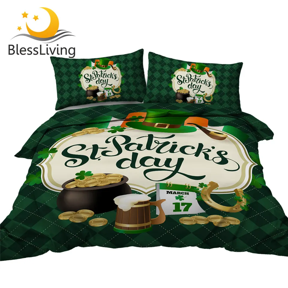 

BlessLiving St. Patrick's Day Bedding Set Queen Size Shamrocks Comforter Cover Horseshoe Coin Bedclothes Beer Green Bedlinen Set