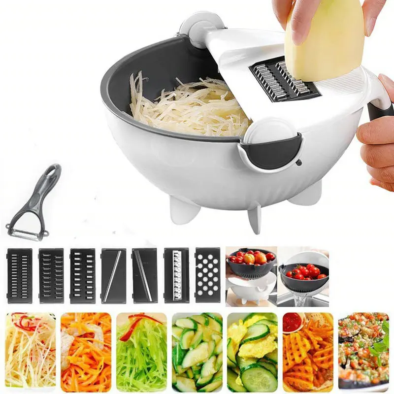 

9-in-1 Multi-functional Vegetable Cutter Manual Slicer Fruit Cutter Tool Mandoline Choppers Shredder Grater Vegetable Basket