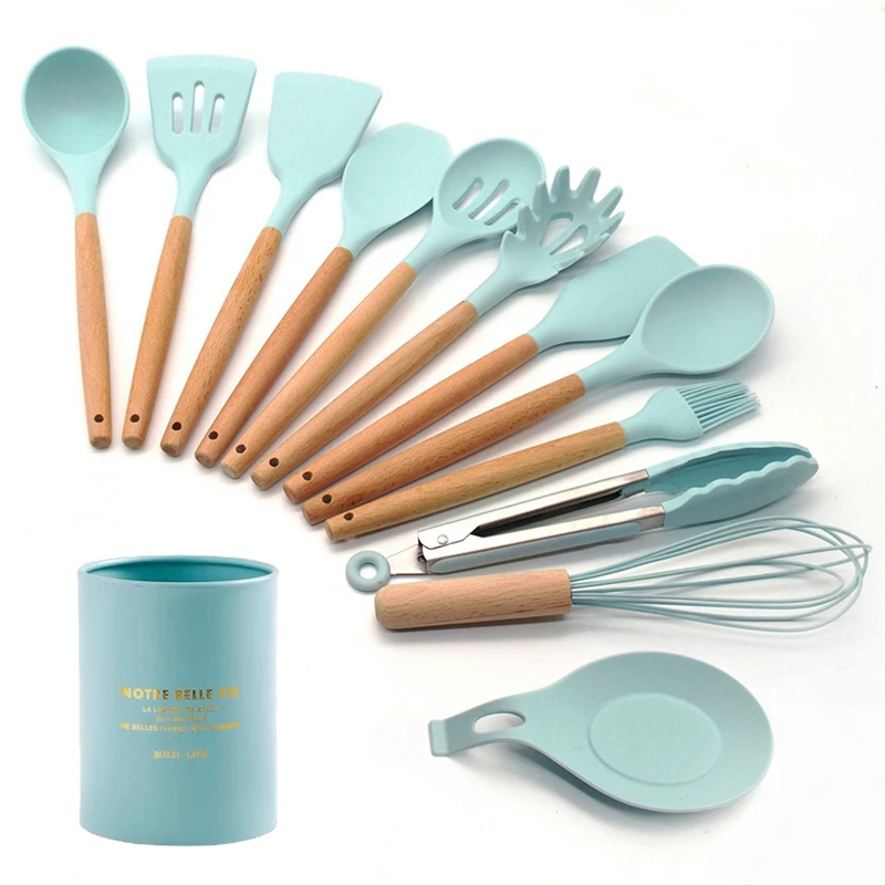 13-pcs kitchen set Новинка, для возраста от 9/13 шт. Кухня силиконовые инструменты для Пособия по кулинарии посуда с деревянной ручкой Кухня набор посуды из нержавеющей стальной ящик для хранения подарок - Цвет: 13-pcs kitchen set