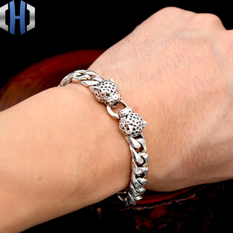 S925 стерлингового серебра ювелирные изделия Мужская мода личности Ретро тайский серебряный двойной браслет с головой леопарда Благородный подарок