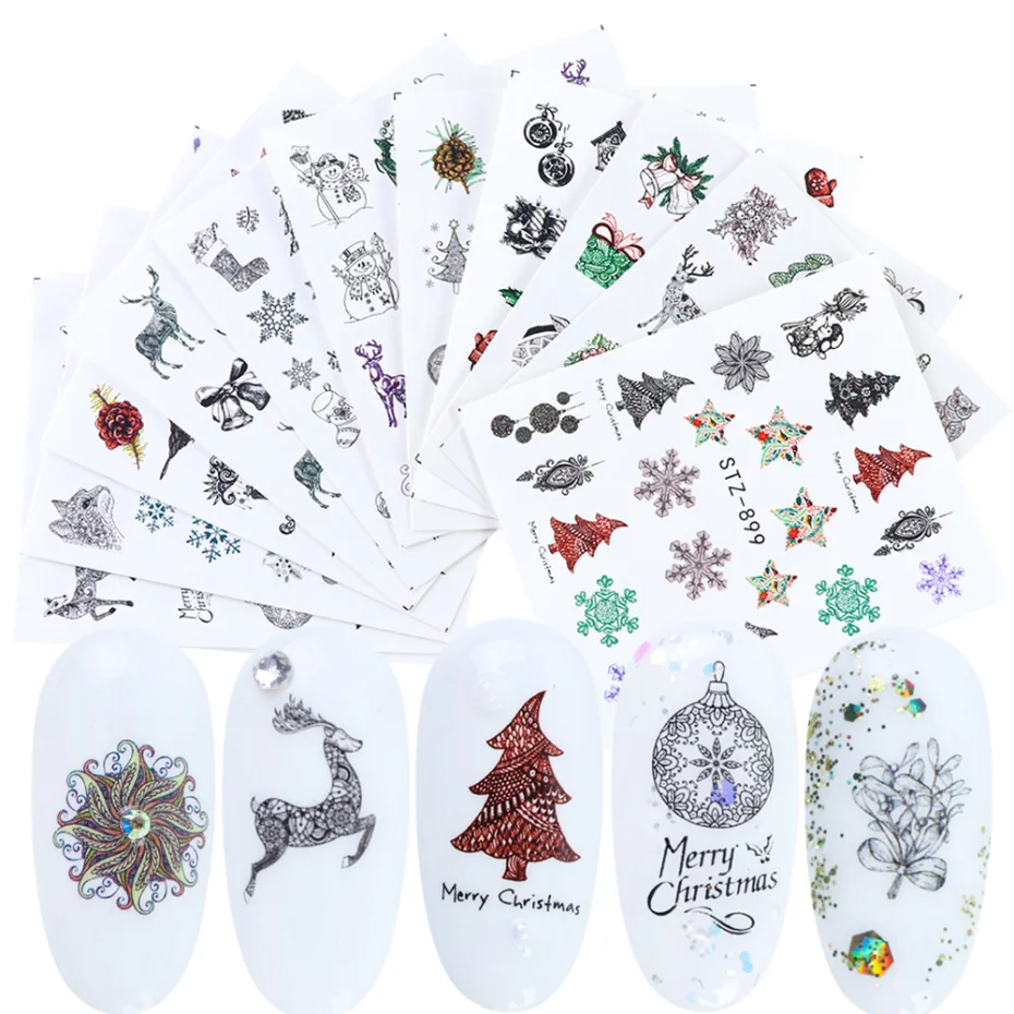 

12pcs Nail Art Water Sticker Set Winter Snowflake Elk Tree Full Wraps Slider Decoration Christmas Manicure Decal LESTZ892-905-1