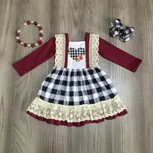 Детская одежда для маленьких девочек на День святого Валентина хлопковое весеннее платье в винную клетку с рюшами в форме сердца аксессуары до колен