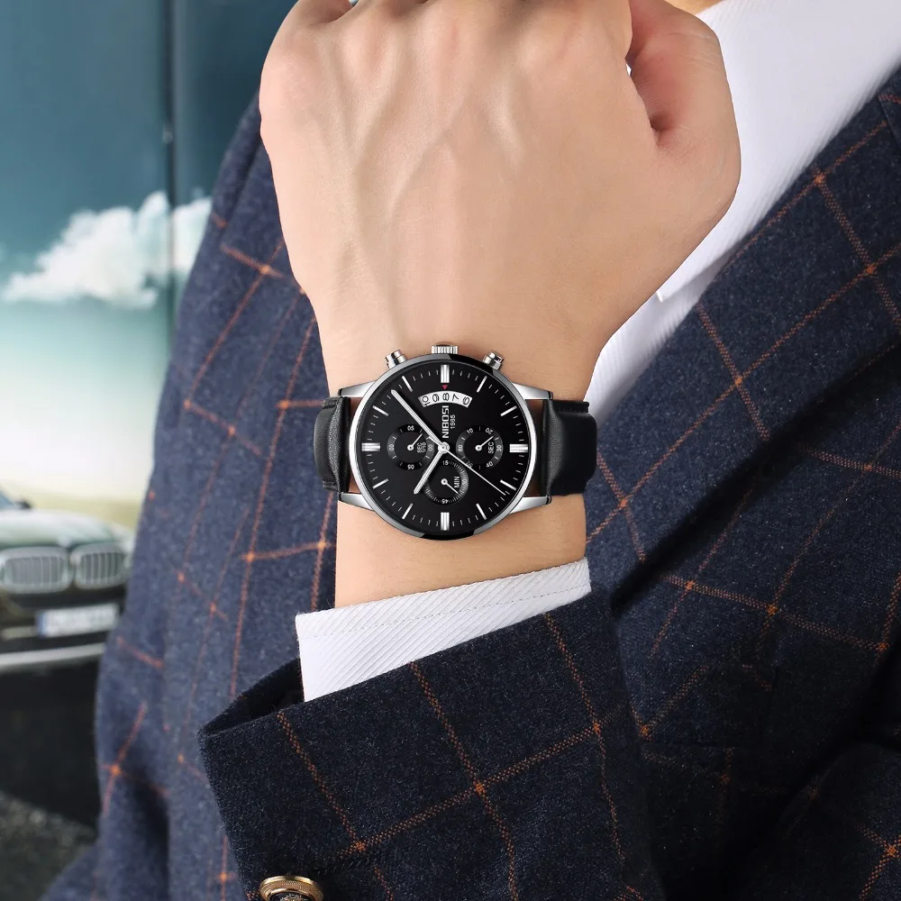 NIBOSI Fashion Mens Small Three Needles Watches Luxury Watch Luminous Leather Quartz Wristwatches Clock Male Relogio Masculino