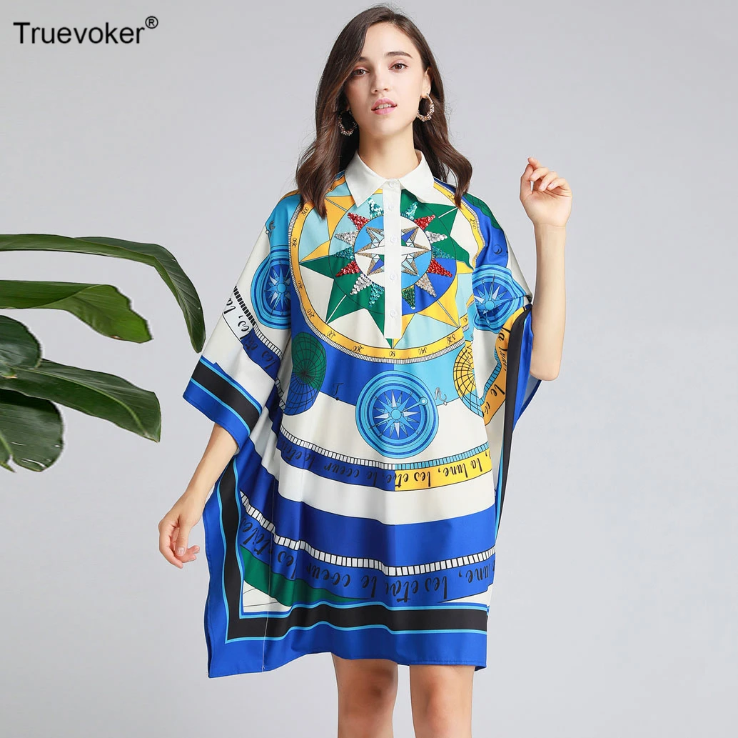 Truevoker, Осенние дизайнерские платья для подиума, женские уличные свободные платья с рукавом летучая мышь, с голубым тотемным принтом