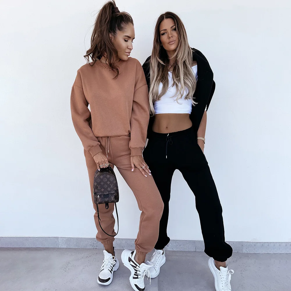 

Осенне-зимний модный женский спортивный костюм, однотонный Свободный Повседневный свитшот, пуловеры, комплект из двух предметов, спортивная одежда, женская одежда