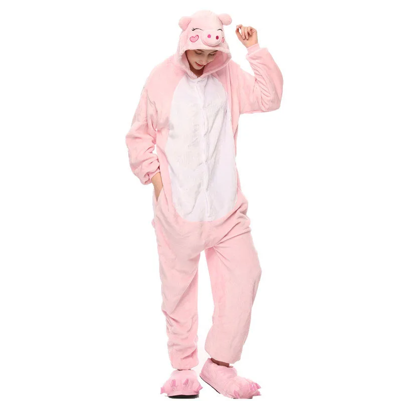 

Animal Kigurumis Onesies Sleepwear for Adult Cartoon Pink Pig Women Pajama Winter Homewear Jumpsuit Pajama Suit Woman Rompers