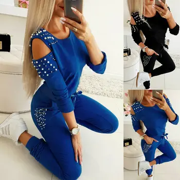 

Autumn Winter New Fashion Womens Beading Long Sleeve Top + Pants Tracksuit Sweatshirt Jogger Running Suit Outfits