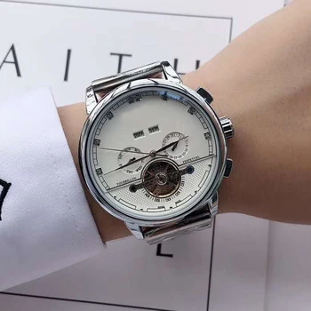 

2020 Skeleton watch men luxury Automatic self-wind silver case white dial Glass open back 1:1 leather strap AAA quality 21