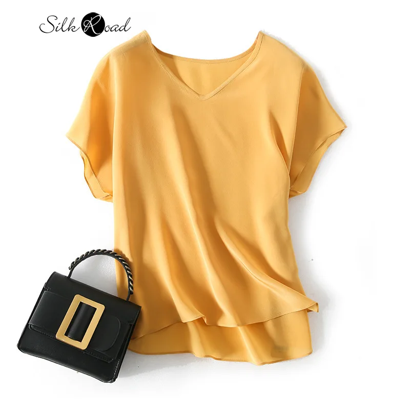 

Silviye Yellow Silk T-shirt Female Loose Silk Temperament V-neck All-match Top Small Shirt Summer