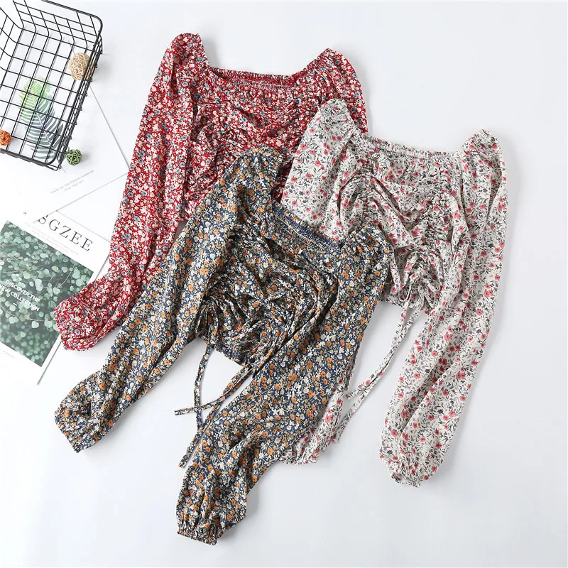 

2020 Short Design Navel Chiffon Shirt 2020 New Design Square Collar Blouse Drawstring Super Fairy Sweet Floral Tops Women
