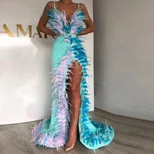 

New Luxury Evening Dresses Colorful Feathers Long Mermaid Spaghetti Strap Split Plus Size Women Prom Pageant Gowns Custom Made