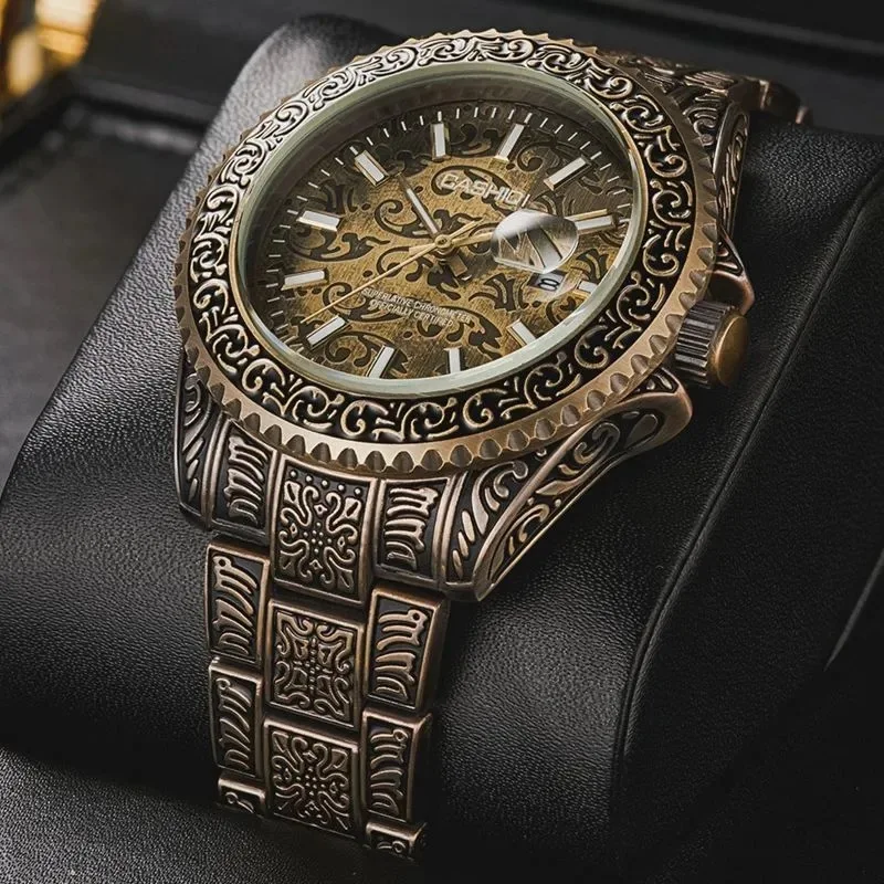 2023 Year Sculpture Watch Men Retro Royal Clock Stainless Steel Engrave Quartz Wrist Watches ремешок для часов  free shipping