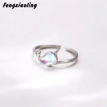 

Fengxiaoling 925 Sterling Silver Cute Moonstone Unicorn Silver Rings For Women Simple Personality Open Rings Fashion Jewelry