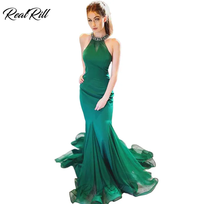 

Real Rill Halter Mermaid Evening Dress Beading Lace Up Back Floor Length Sweep Train Formal Dress For Women Tulle Party Dress