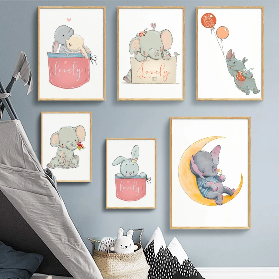 

Animal Rabbit Elephant Moon Wall Art Canvas Painting Cartoon Nursery Nordic Posters And Prints Wall Pictures For Kids Room Decor