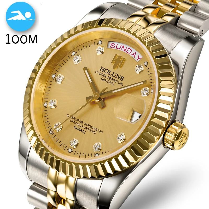 

new100M Waterproof Men Watch Swim full Stainless Steel Business Man Watches Automatic Date Week Gold Men Watch Relogio Masculino