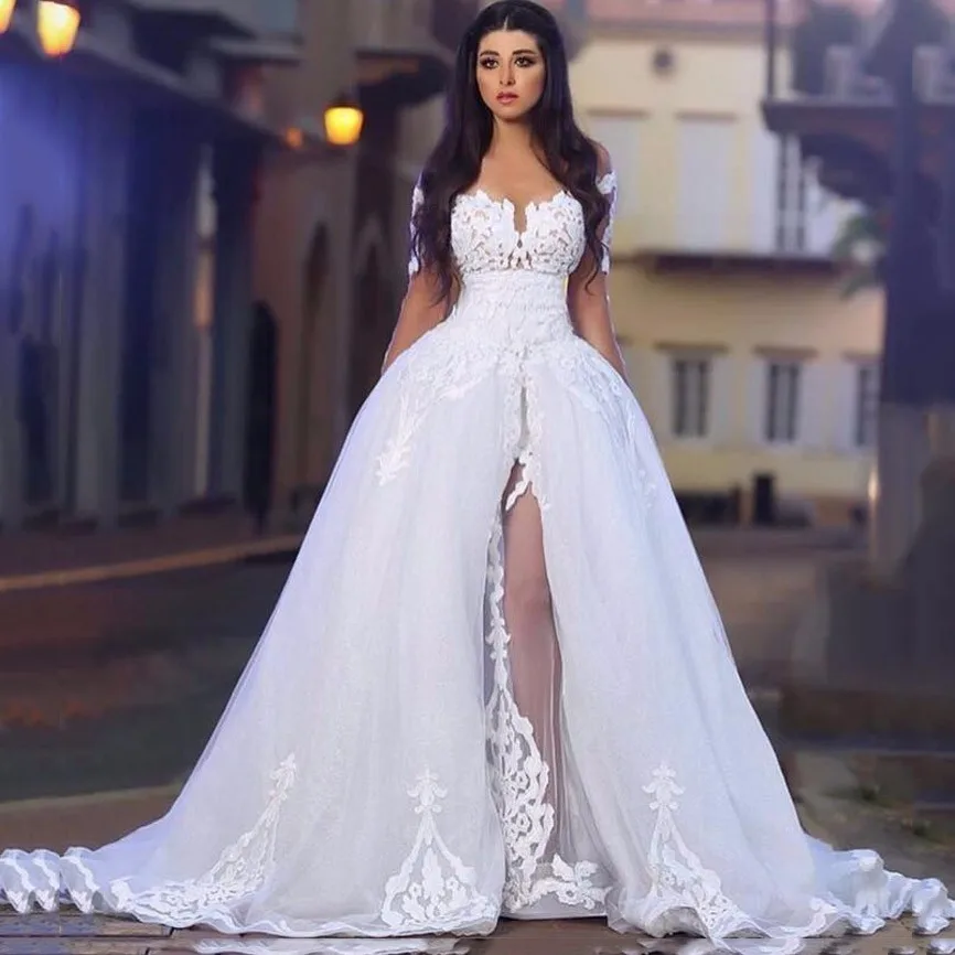 O Neck Appliqued Lace Long Sleeve A Line Wedding Dresses With Overskirt Sexy Vestidos De Novia Cap Sleeve Wedding Dresses