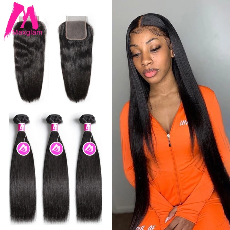 

Malaysian Human Hair Bundles with Closure Straight Weave Natural Short Long Remy Hair Extension For Black Women 3 Bundles