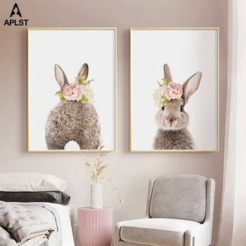 

Baby Girl's Nursery Poster Rabbit Wearing Flower Crown Canvas Prints & Posters Animal Wall Art Pictures for Kid's Room Decals
