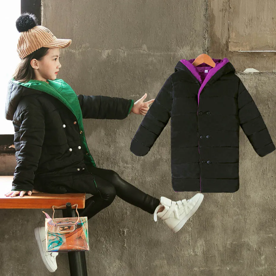 Girls Down Coat Solid Hooded Girls Down Jacket Double-Breasted Children's Parkas Casual Winter Warm Children's Overcoat For Girl