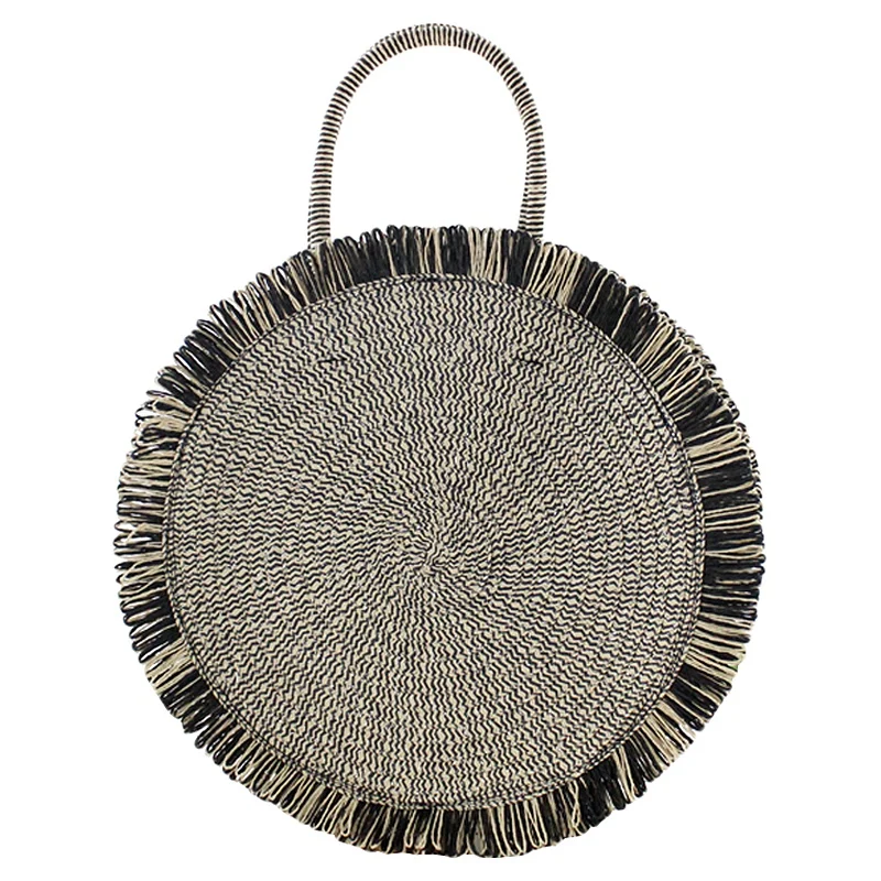 

Fashion Tassel Zipper Straw Bag Women Beach Woven Bag Round Tote Fringed Shoulder Travel Bag
