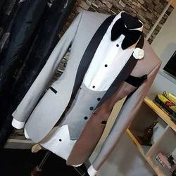 2022 Latest Black Shawl Collar Men's Light Grey Suits Hot Sale Custom Made One Button Fashion Casual Wear Blazer 3 Pieces Skinny