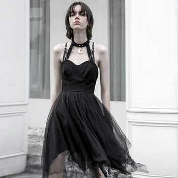 

PUNKRAVE Mesh Stitching Suspender Skirt Female Autumn Winter Punk Wind Black Slim Slimming Irregular Dress